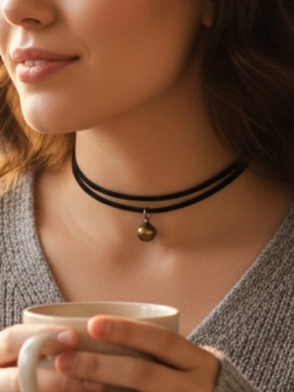 Classic Black Double-Strand Choker with Gold Bell Pendant